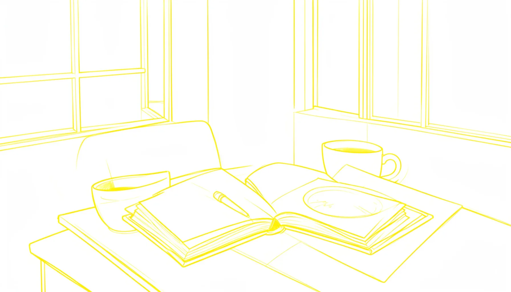 Bureau d'écrivain avec carnets ouverts, tasse de thé et lumière douce filtrant par une fenêtre