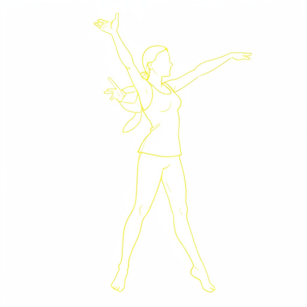 Dessin au trait minimal d’une silhouette en mouvement, sur fond clair aux tons doux et neutres, dans une atmosphère calme et contemplative de spectacle.